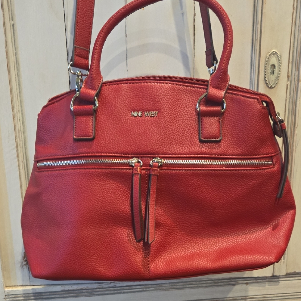 Nine West Red Faux Leather Bag with Silver Hardware & Adjustable Shoulder Strap.